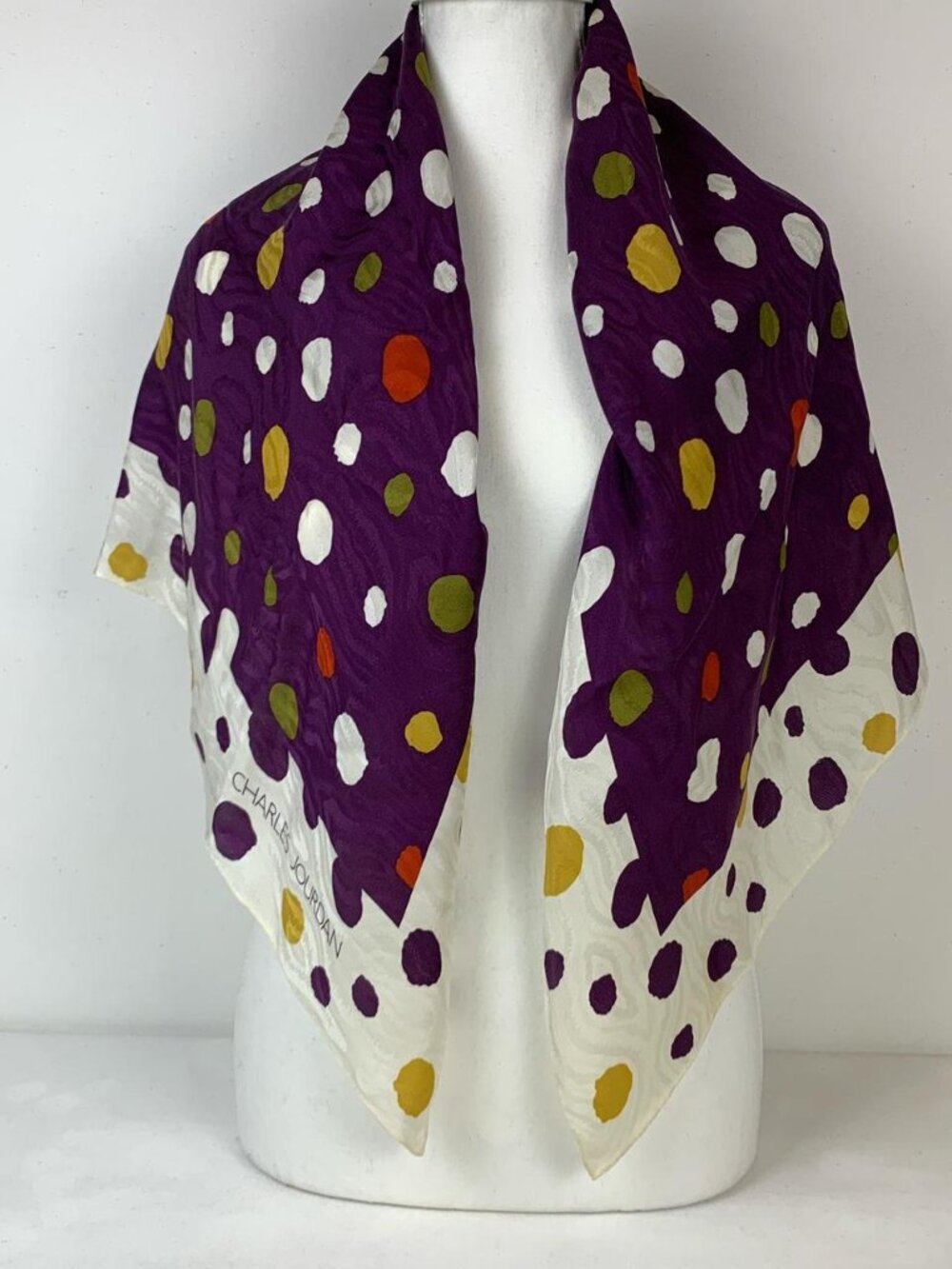 Charles Jourdan Elegant Purple & White Polka Dot Silk Scarf - 35x35 Inches